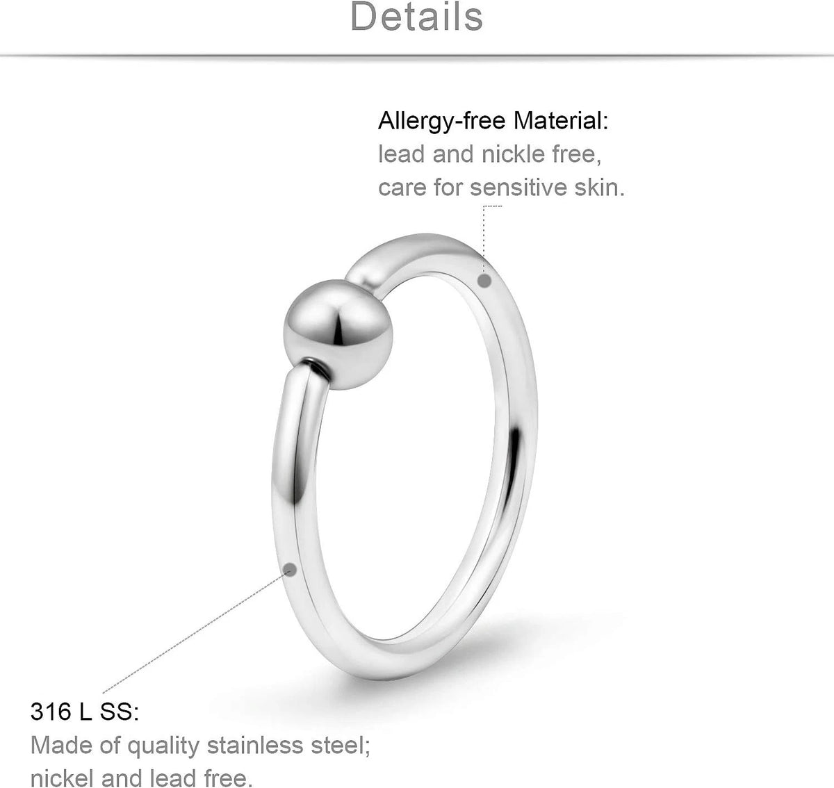 12X Stainless Steel Captive Bead Nose Rings Hoop (Silver)