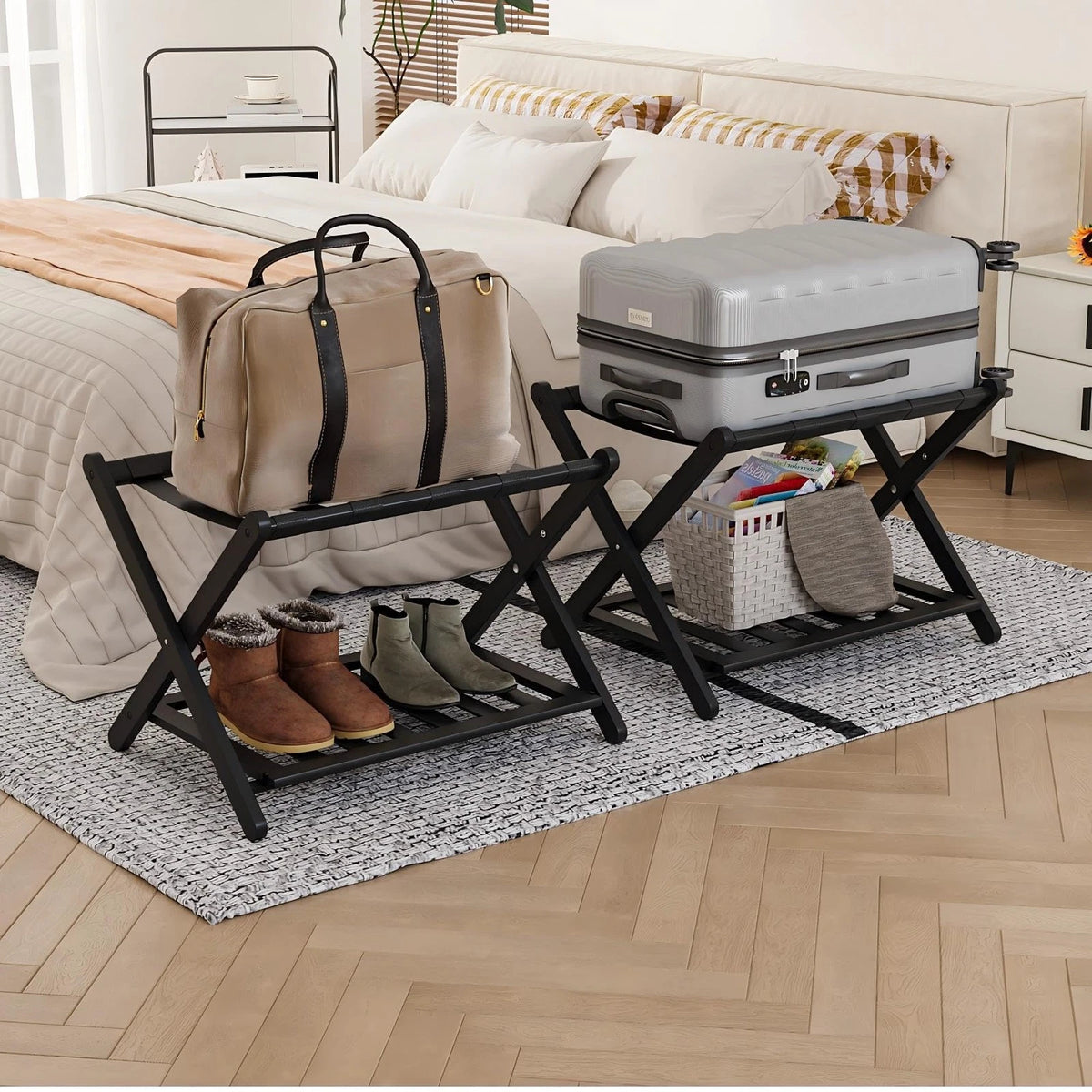 2X Fully Assembled Black Bamboo Luggage Racks with Shoe Shelf for Cars