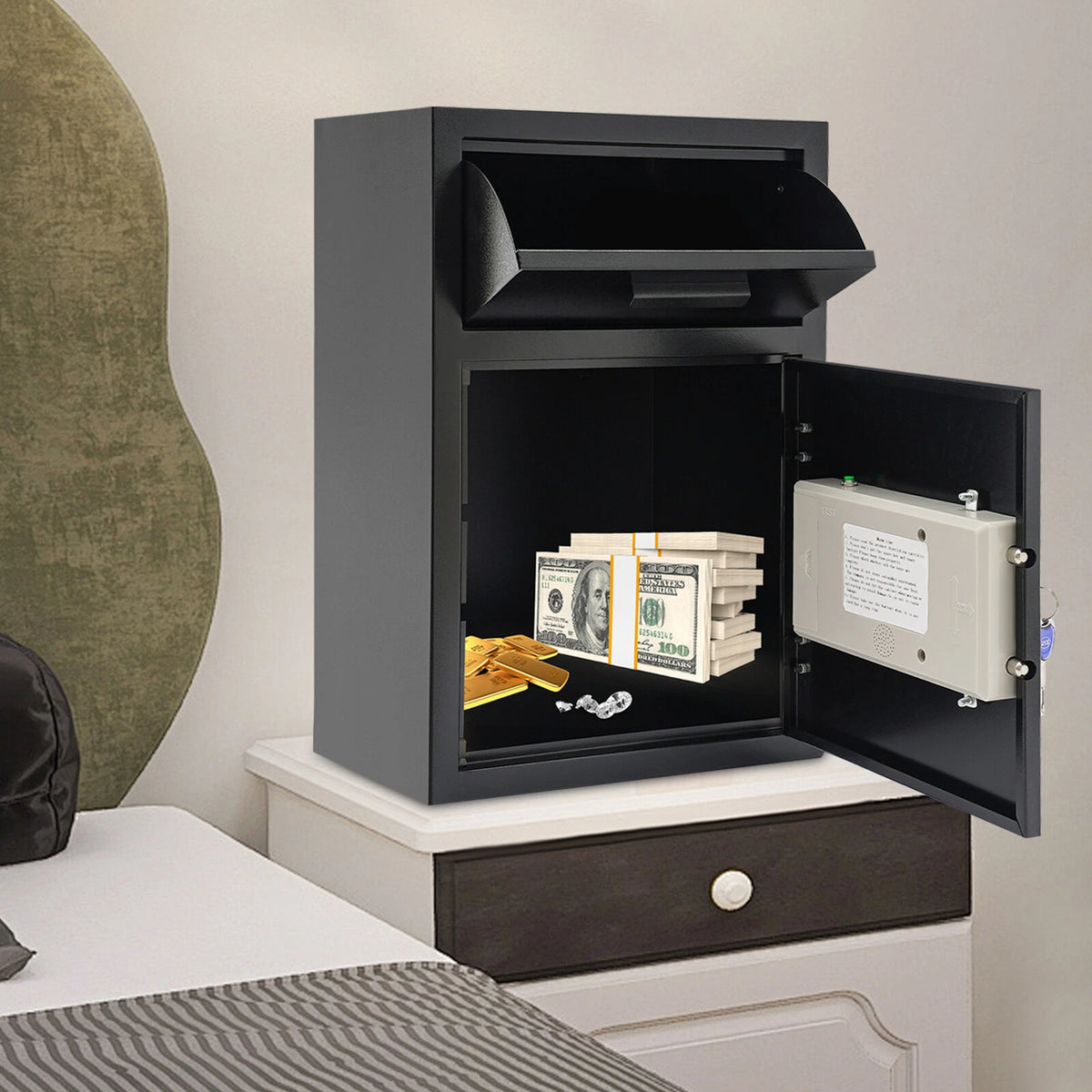 Drop Box for Money & Mail Slot Safe Black with Keys