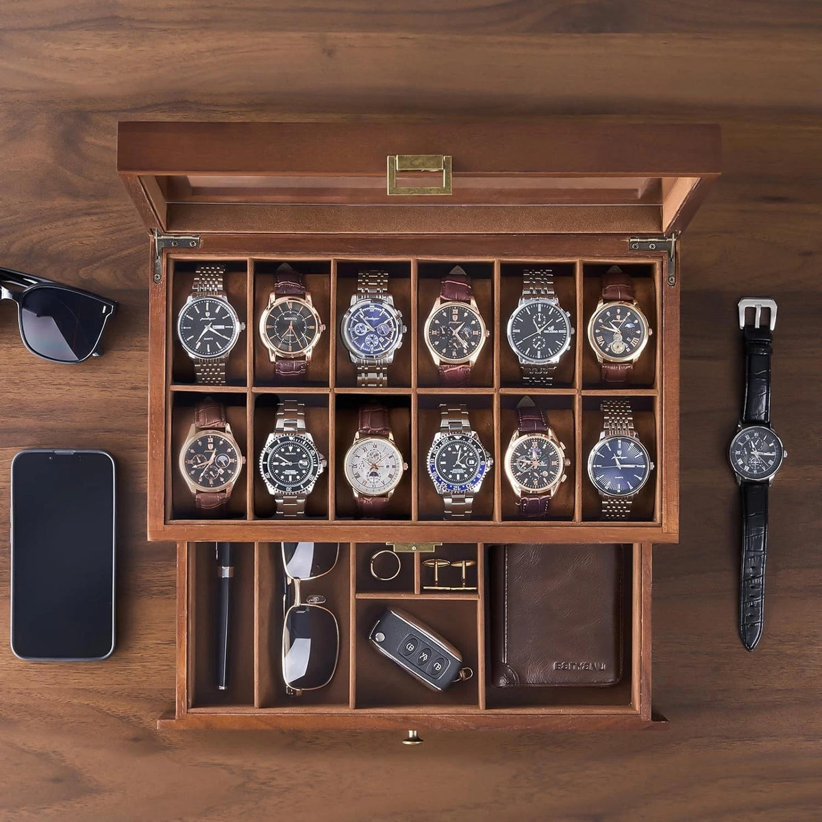 12 Slot Wooden Watch Box for Men - Watch Display Case with Drawer