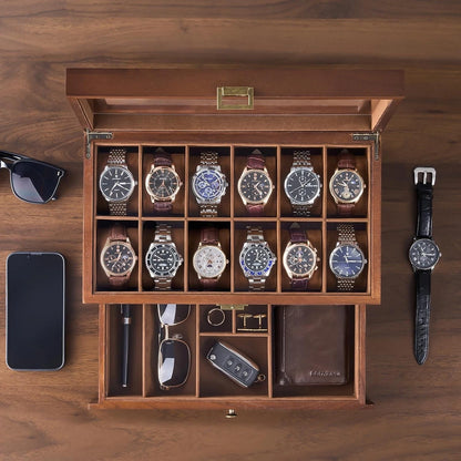 12 Slot Wooden Watch Box for Men - Watch Display Case with Drawer