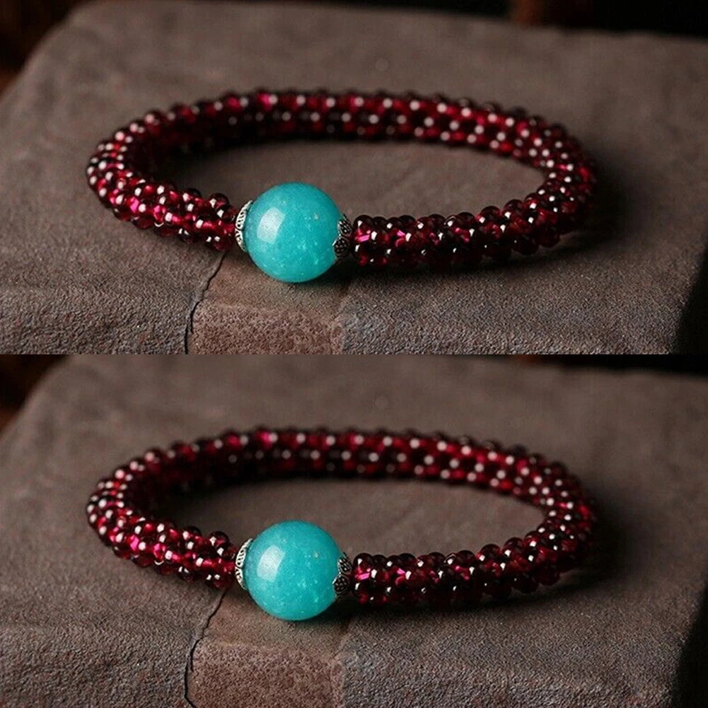 2X Natural Amazonite Garnet Round Beads Bracelet for Unisex