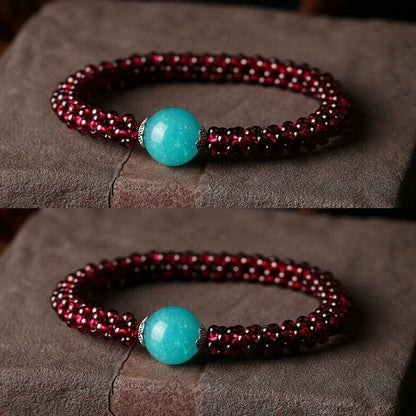 2X Natural Amazonite Garnet Round Beads Bracelet for Unisex