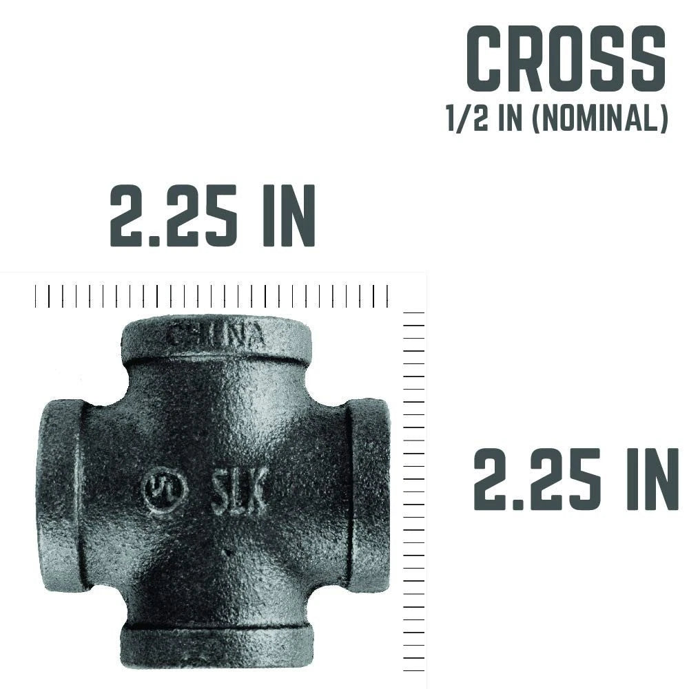 1/2" Cross Fitting for Pipe Decor Black Malleable Iron (No Part Numbers)