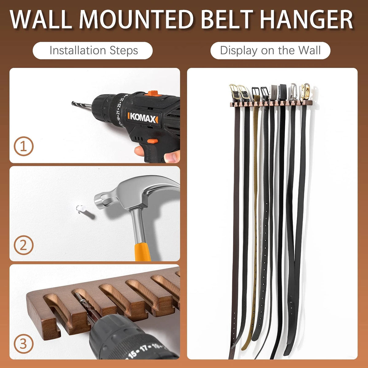 Wooden Belt Rack for Closet Wall Mount, Holds 14 Belts