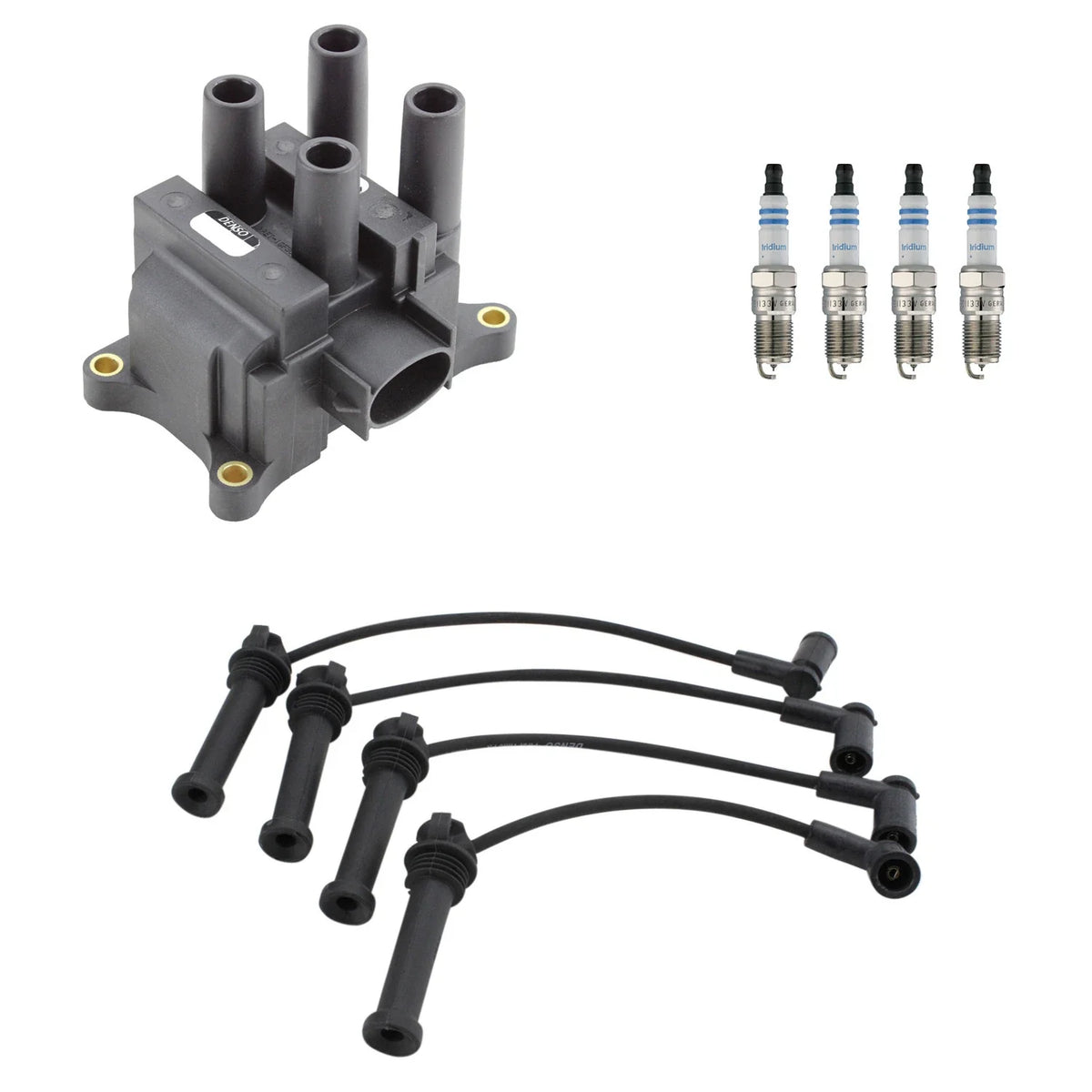 Set of 4 Denso Ignition Coil Wires & Bosch Iridium Spark Plugs for Mazda B2300 (1994–2006)