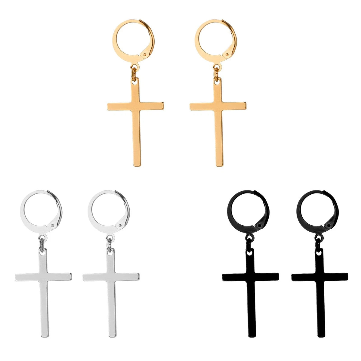 6 Pairs Stainless Steel Cross Earrings - Gold, Silver, Black
