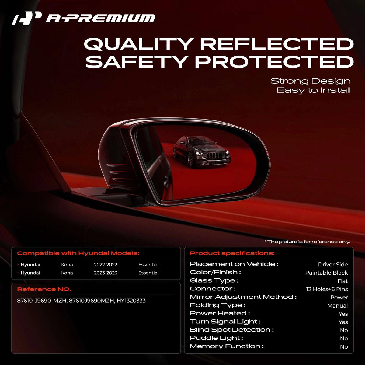 Driver Side Power Mirror for Hyundai Kona (2022–2023) 87610-J9690-MZH, HY1320333