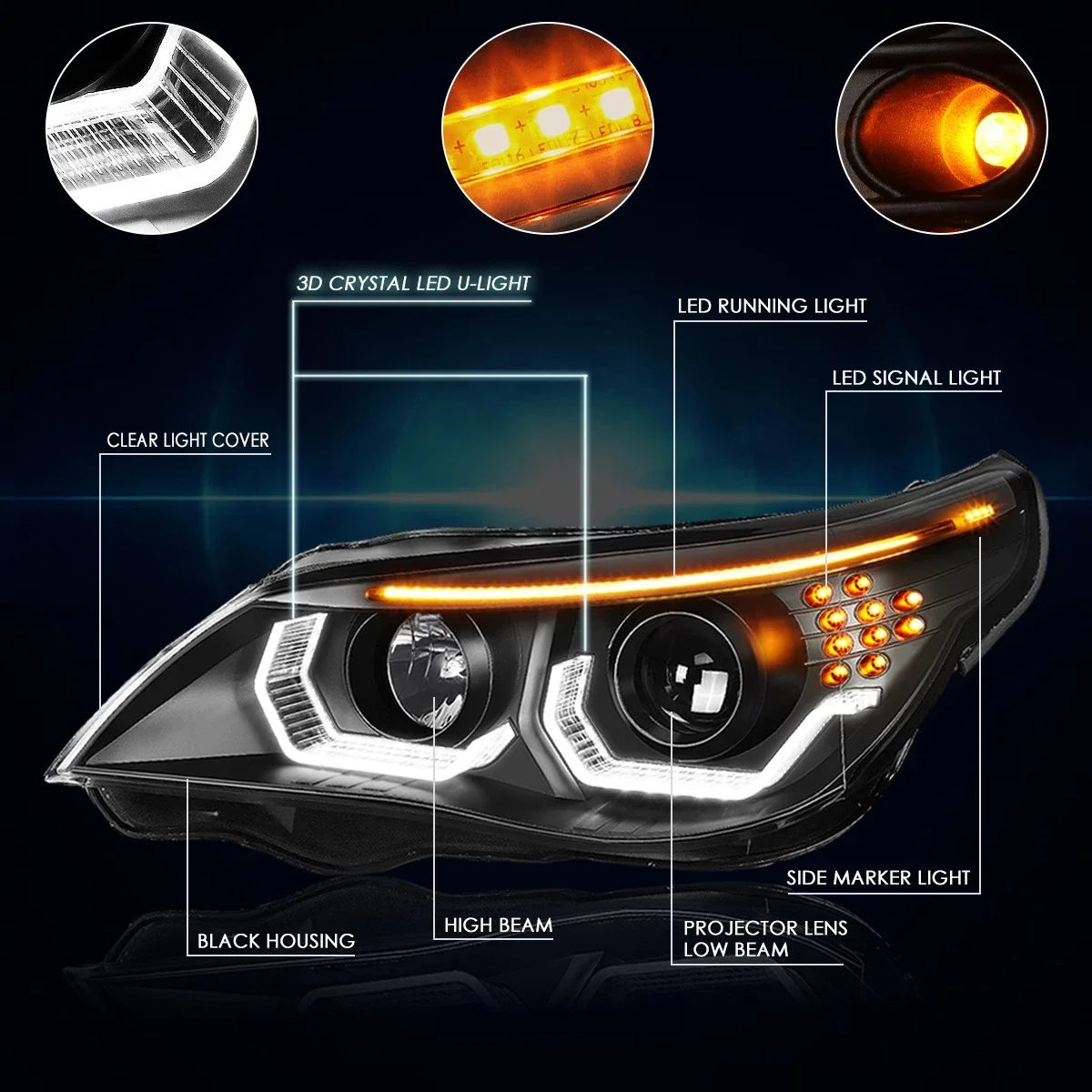 LED U-Halo+Turn Signal Projector Headlight for BMW 5-Series E60 (2004–2007)