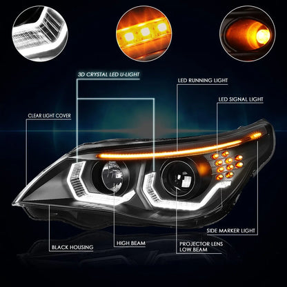 LED U-Halo+Turn Signal Projector Headlight for BMW 5-Series E60 (2004–2007)