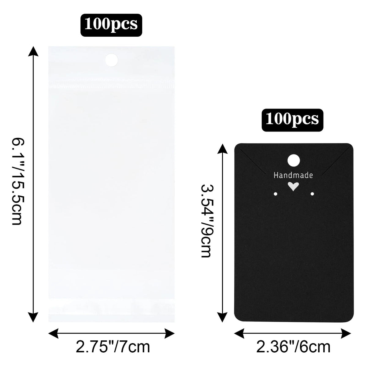 100 Pcs Earring Display Cards with Bags, Black 6x2.7 Inches
