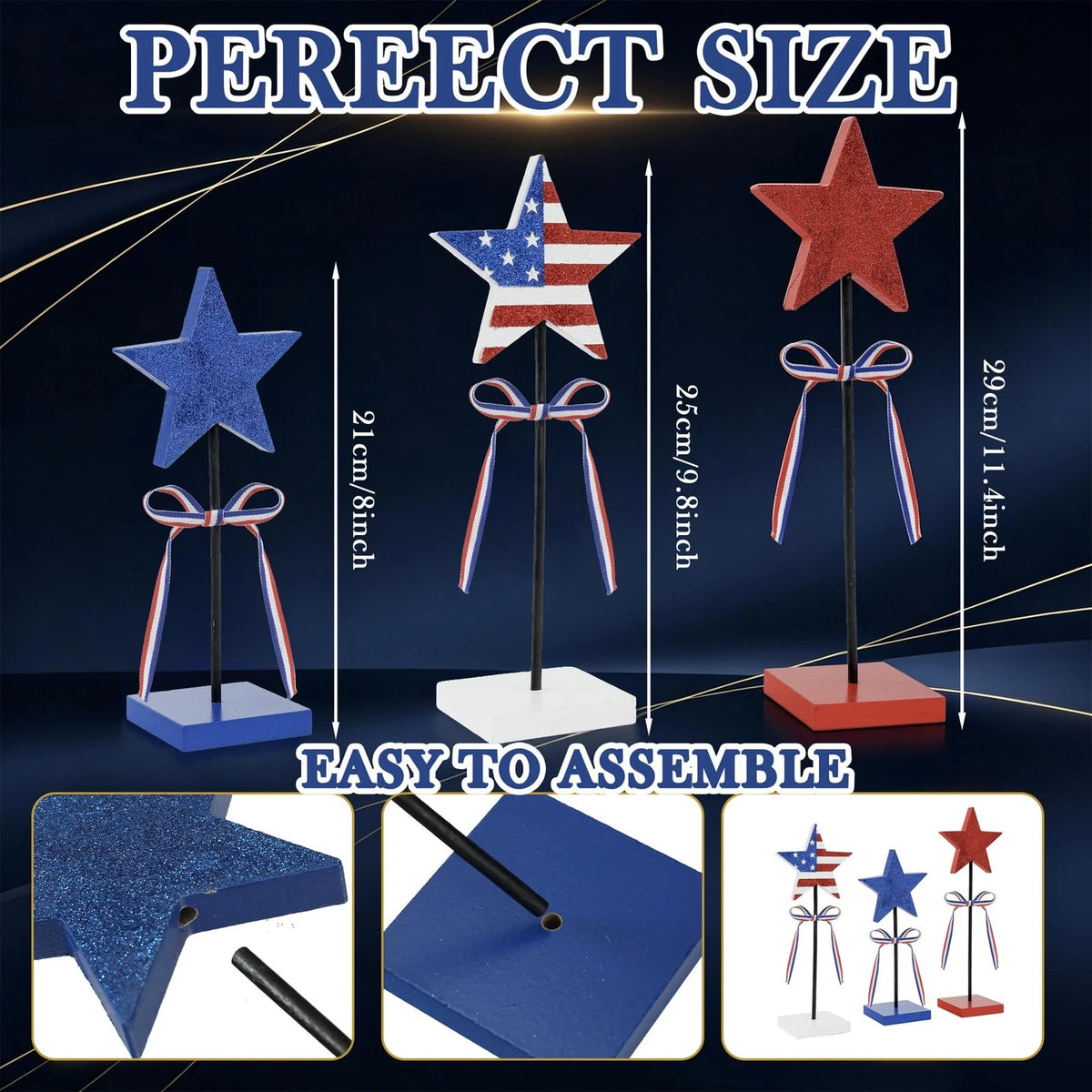 3 Pcs Wooden Star Set for Tiered Tray Decor (4th of July, Memorial Day)