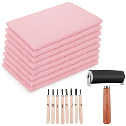 8PCS Linoleum Carving Blocks for 6 x 4 Inch Cars (Pink)