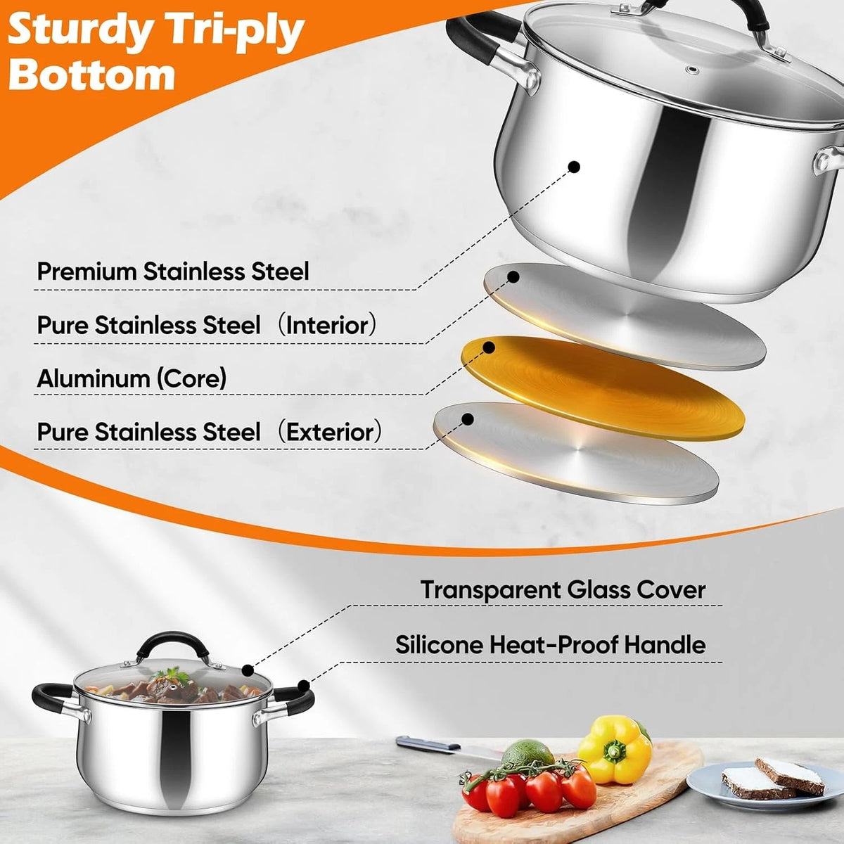 4 Qt Stainless Steel Stock Pot with Lid for Cooking Soup