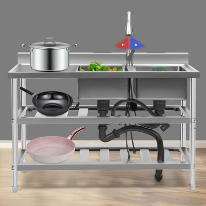3 Tier Stainless Steel Utility Prep Sink for Commercial Use (2 Compartment)