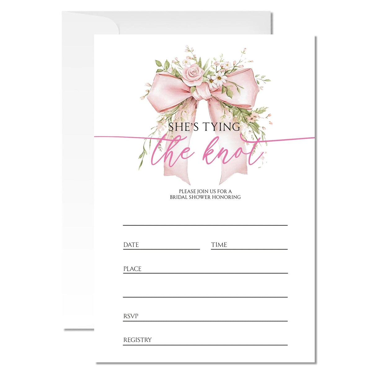 Set of 20 Pink Bow Bridal Shower Invitation Cards with Envelopes