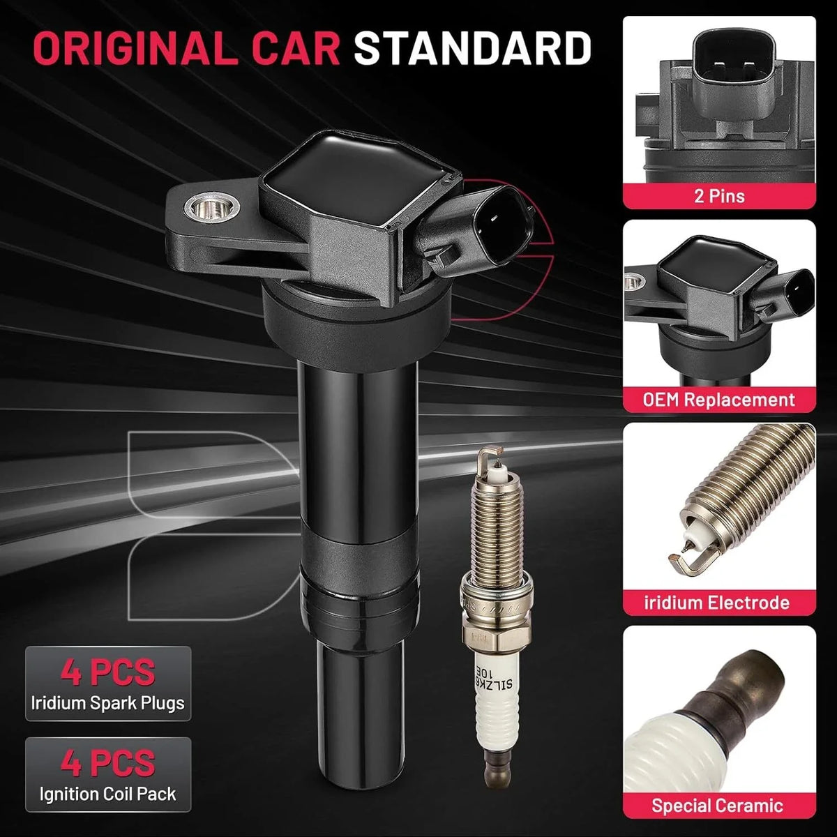 Set of 4 Ignition Coils UF651 & Iridium Spark Plugs for Kia Forte Soul (2010–2013)