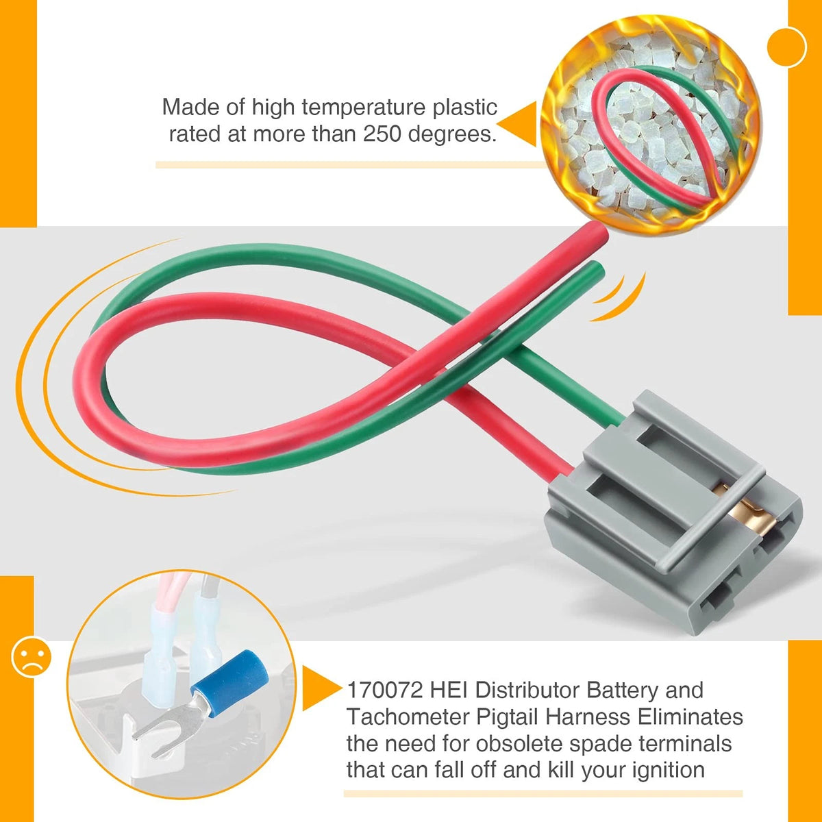 2X HEI Distributor Pigtail Wire Harness for 12V Battery & Tachometer