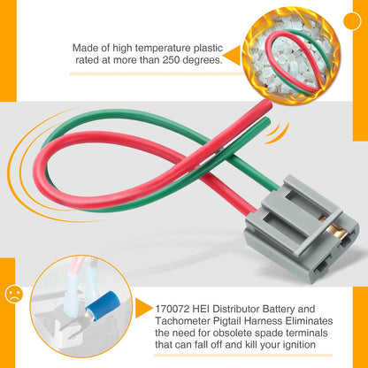 2X HEI Distributor Pigtail Wire Harness for 12V Battery & Tachometer