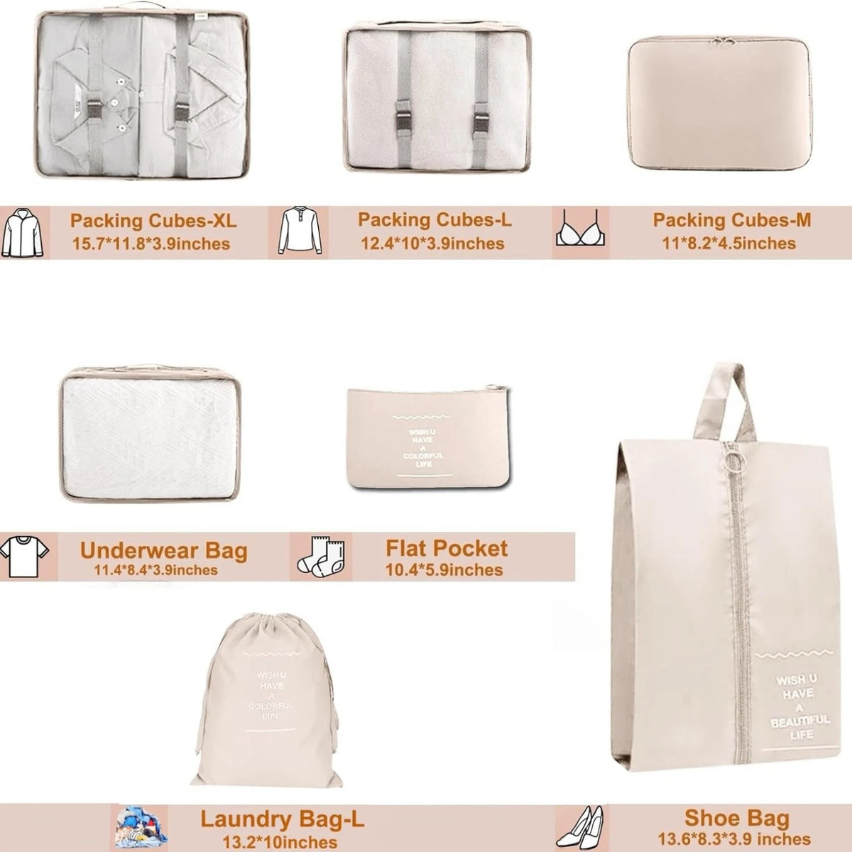 Set of 7 Packing Cubes for Travel - Luggage Organizer Bags, Beige
