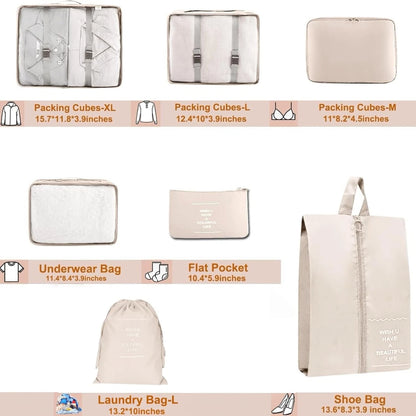 Set of 7 Packing Cubes for Travel - Luggage Organizer Bags, Beige