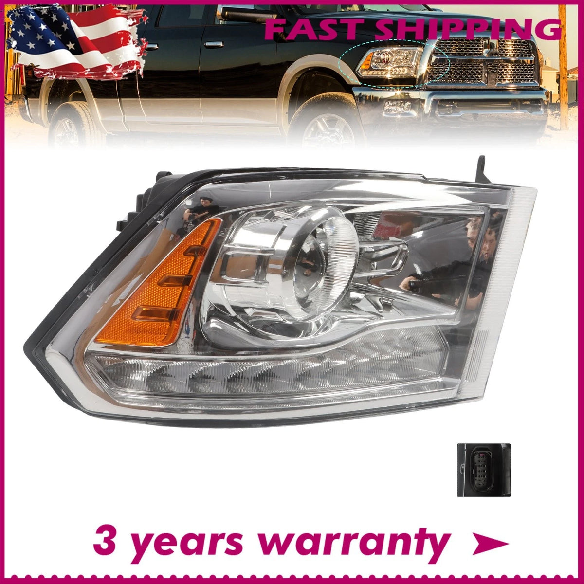 Projector Chrome Headlights w/ LED DRL for Ram 1500/2500/3500 (2013–2015) - CH2503244, 68093216AD, 68324940AD