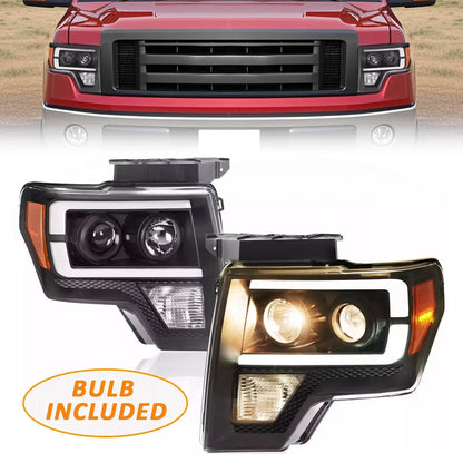 Pair Black Projector Halogen Headlights with LED DRL for Ford F150 (2009–2014)