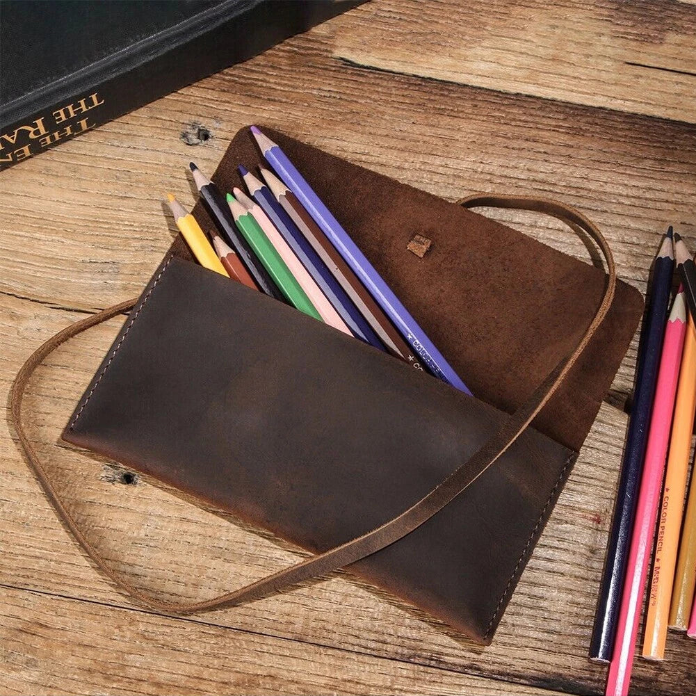 Retro Crazy Horse Leather Roll Up Pencil Case for Sunglasses Storage