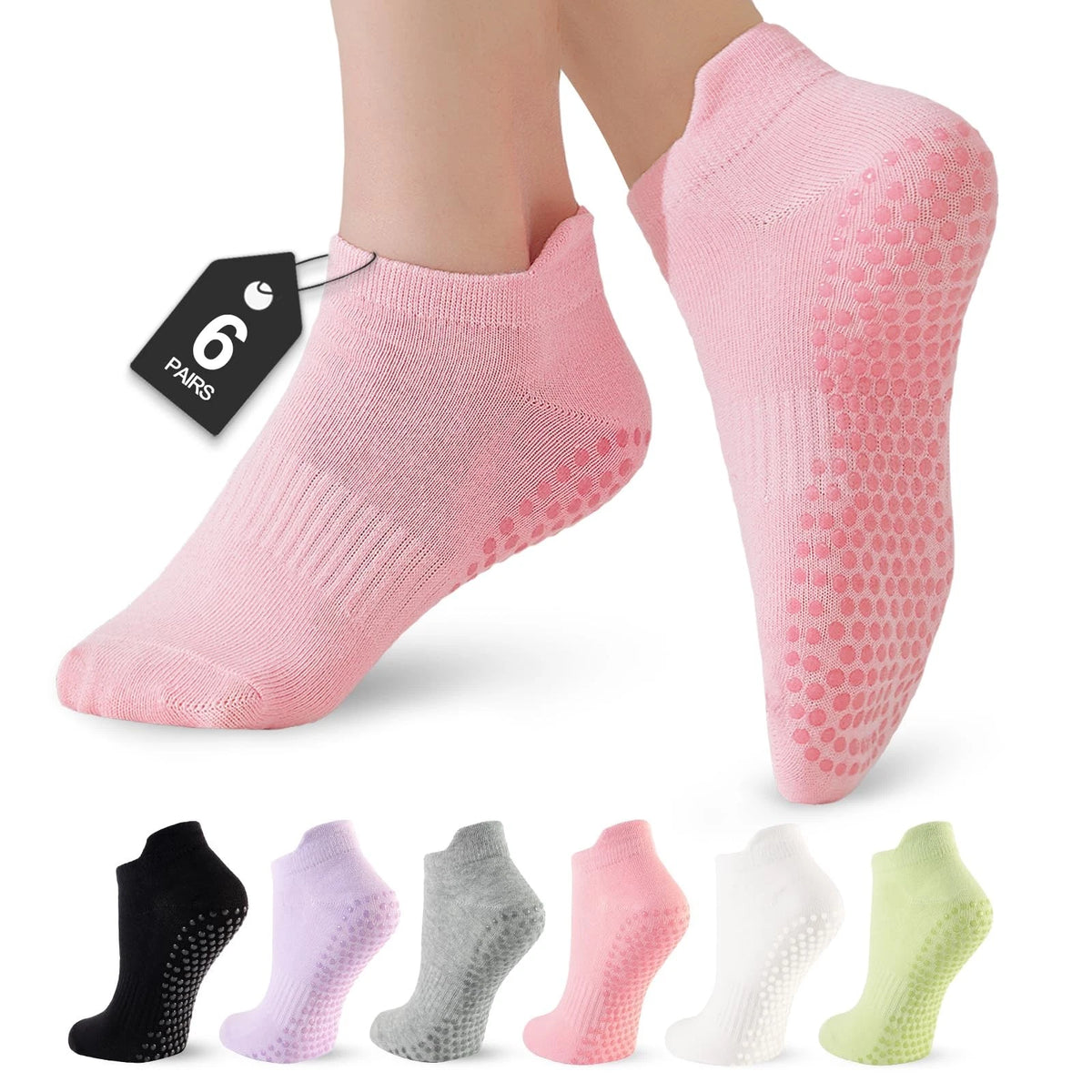 6 Pairs Pilates Socks for Women - 2 White, 2 Black, 2 Gray