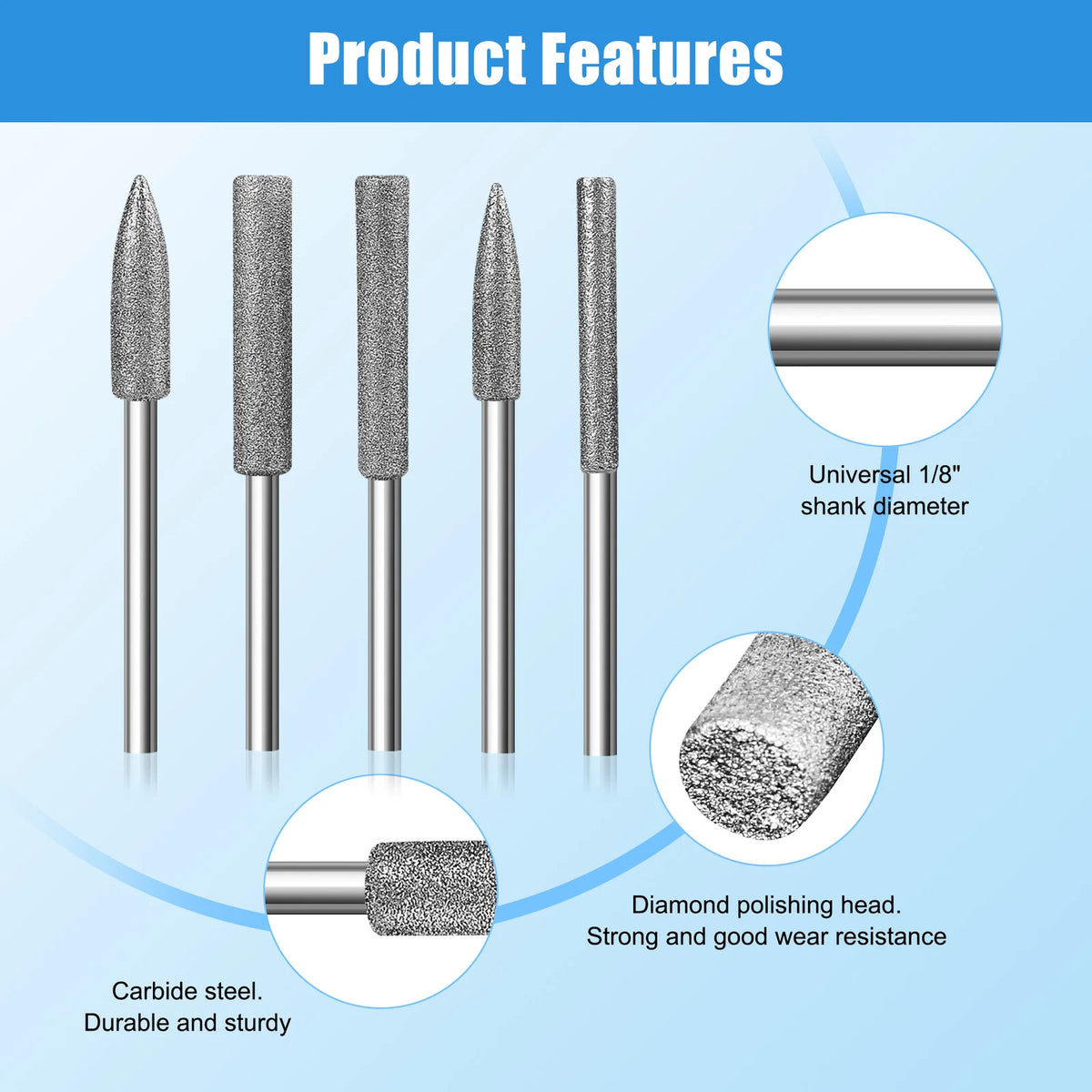 1/8" Shank Diamond Burr Bit Rotary Tool Accessories Kit for Stone Glass Ceramics