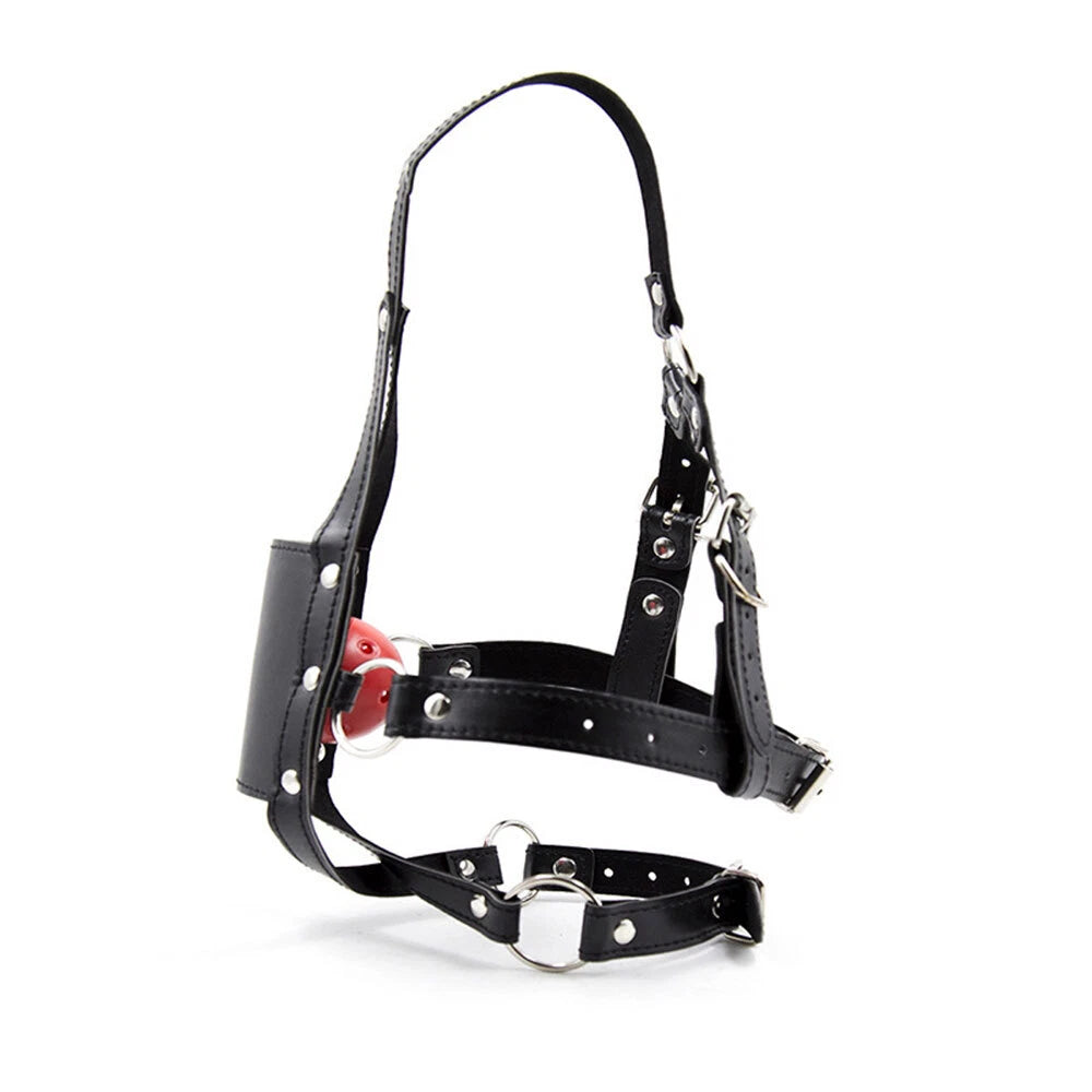 PU Leather BDSM Head Harness Face Mask with Open Mouth Gag Restraint