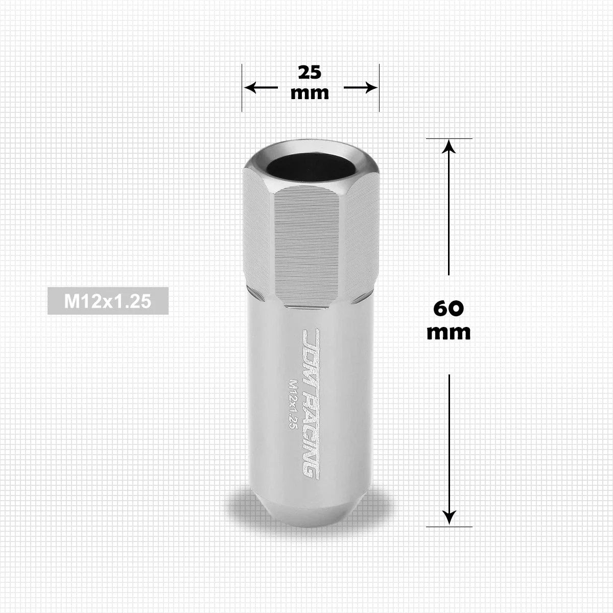 20Pc M12X1.25 Silver JDM Open-End Acorn Hex Wheel Lug Nuts + Extension 25mmx60mm