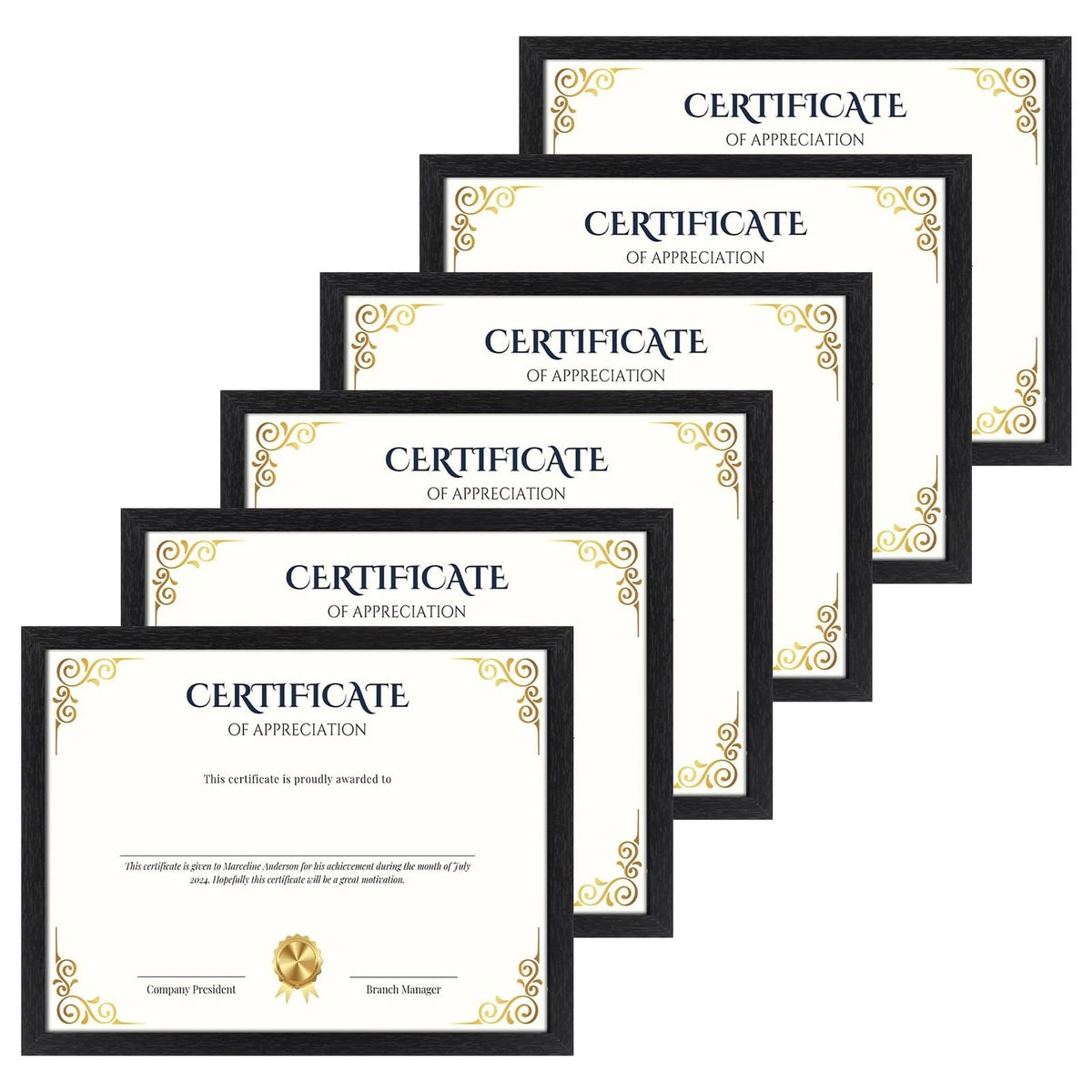 Set of 6 Black Certificate Frames 8.5x11