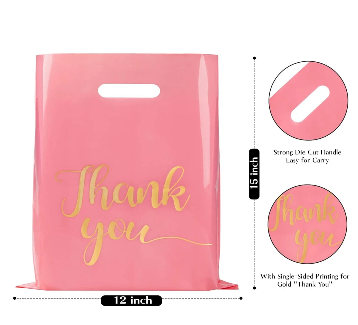 100 Pack Pink Thank You Shopping Bags 12"x15" Extra Thick
