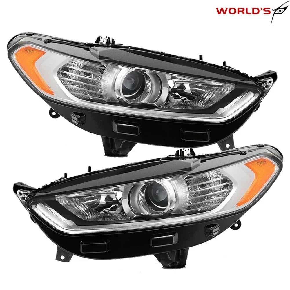 Set of 2 Headlight Assembly Lamps for Ford Fusion (2013–2016) Halogen Amber