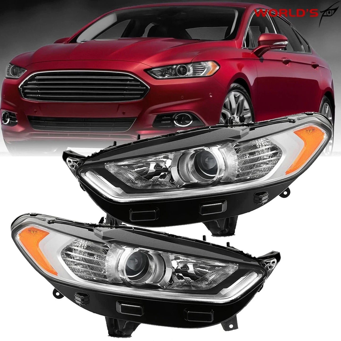 Set of 2 Headlight Assembly Lamps for Ford Fusion (2013–2016) Halogen Amber