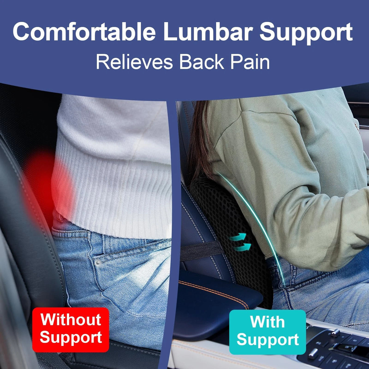 Lumbar Support Pillow for Car Seat - Memory Foam Black