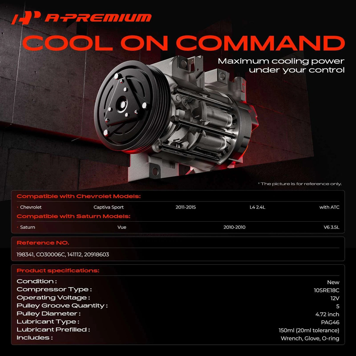 A-Premium A/C Compressor w/ 6-Groove Pulley & Clutch for Chevy Captiva Sport (2012–2015) - 20918603, CO30006C
