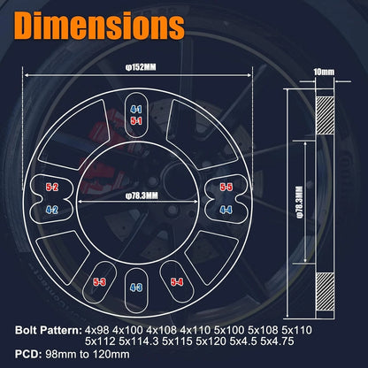 Set of 4 Wheel Spacers 10mm for 4x98 4x100 4x108 4x114.3 GA-45U10-2