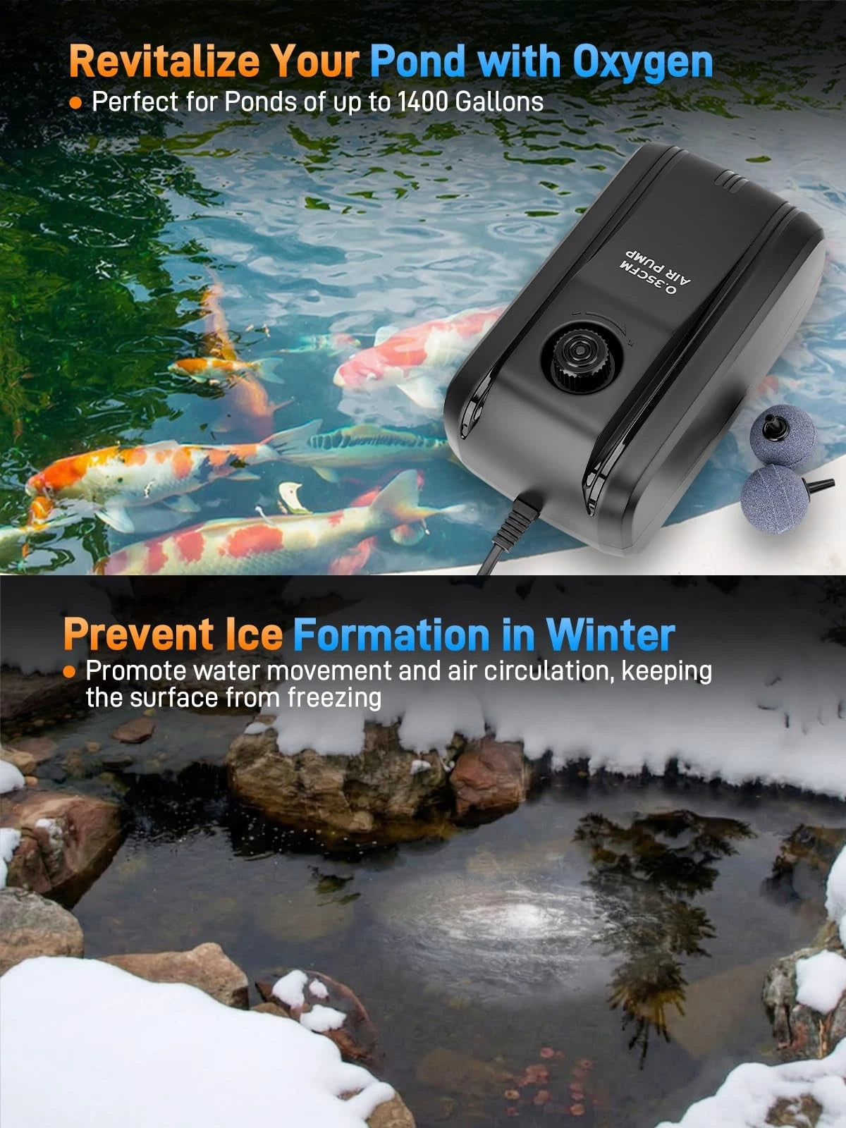 2X Pond Aerator Air Pump Kit with 30Ft Airline Tubing for Ponds 1400 Gallons