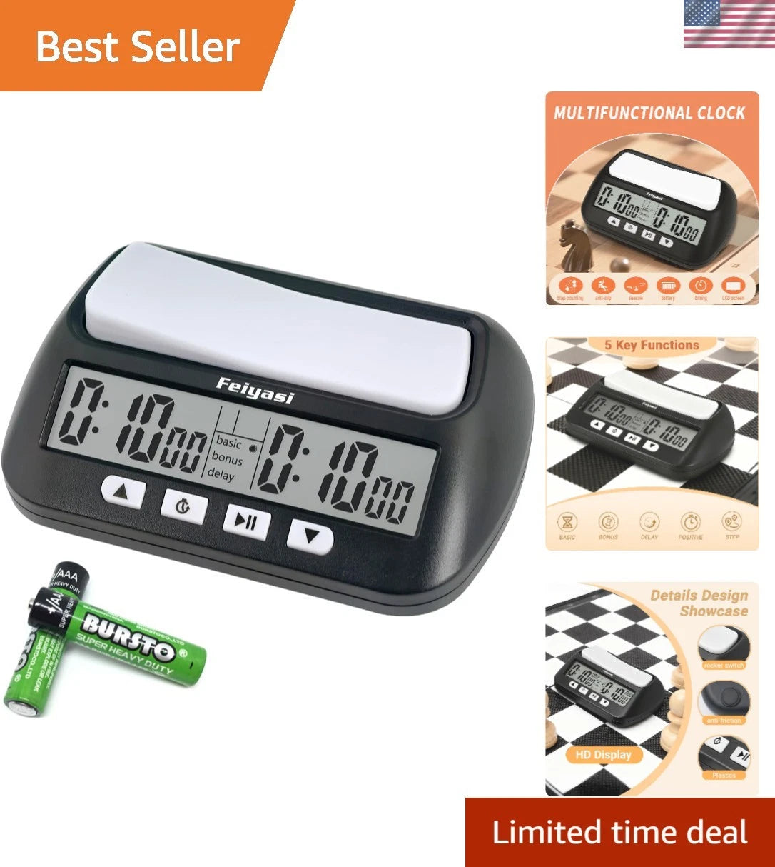 Chess Clock Timer with Basic, Reward, Delay Features – Battery Included