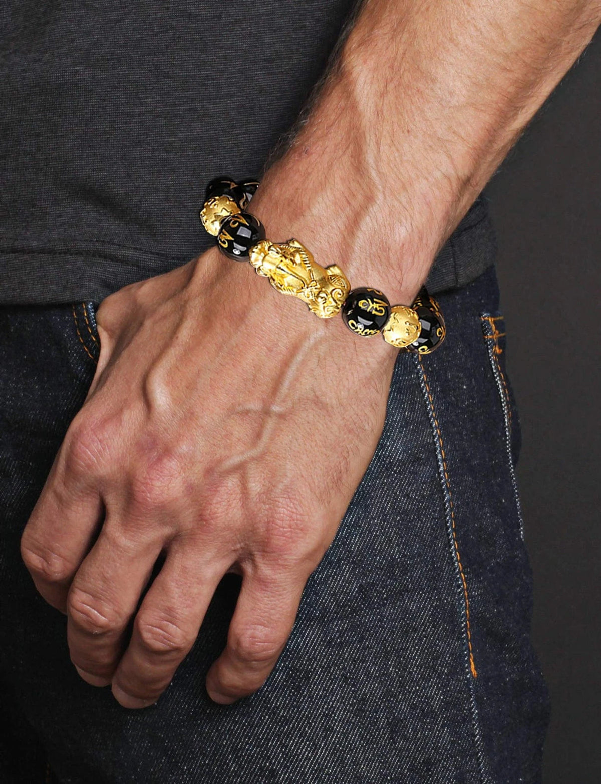 3 Pcs Obsidian Bracelets for Men Women - Feng Shui Good Luck 7 Inch