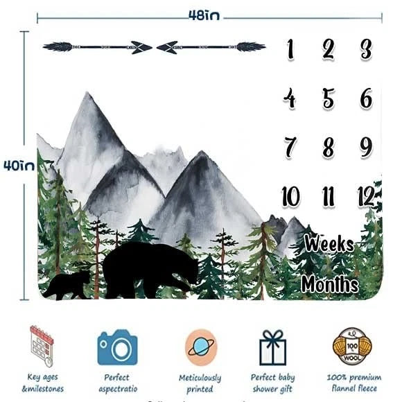 Black Bear Monthly Milestone Blanket for Unisex