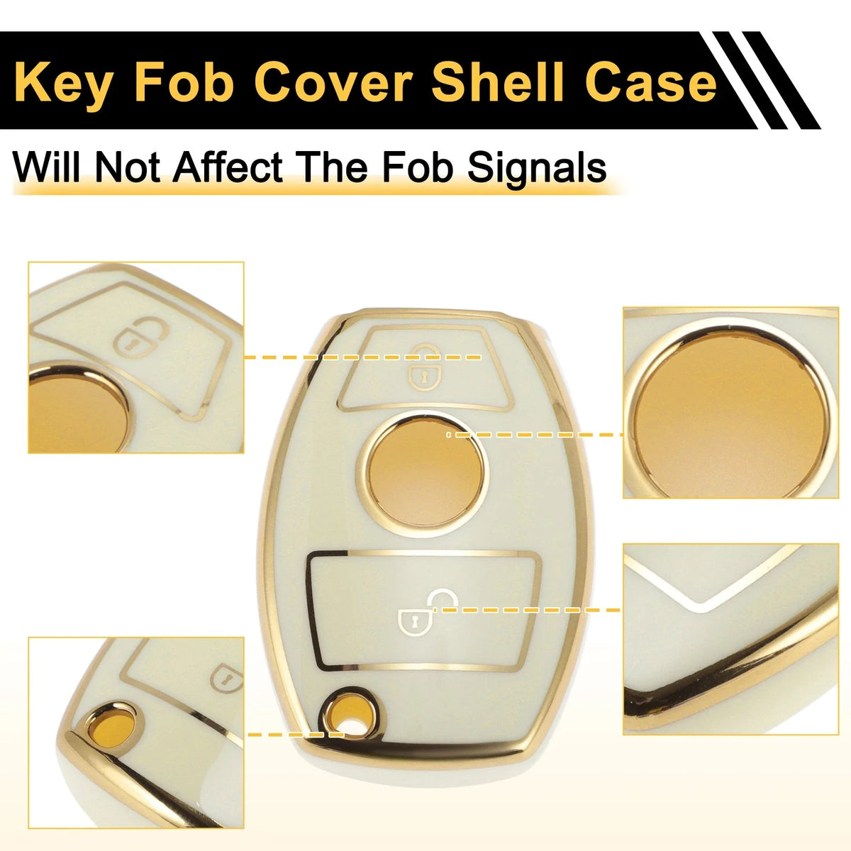 TPU Silicone Car Key Case for Mercedes-Benz (2 Buttons) - White/Gold Edge