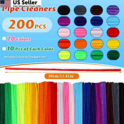 200 Pcs Pipe Cleaners for Creative Projects (20 Colors)
