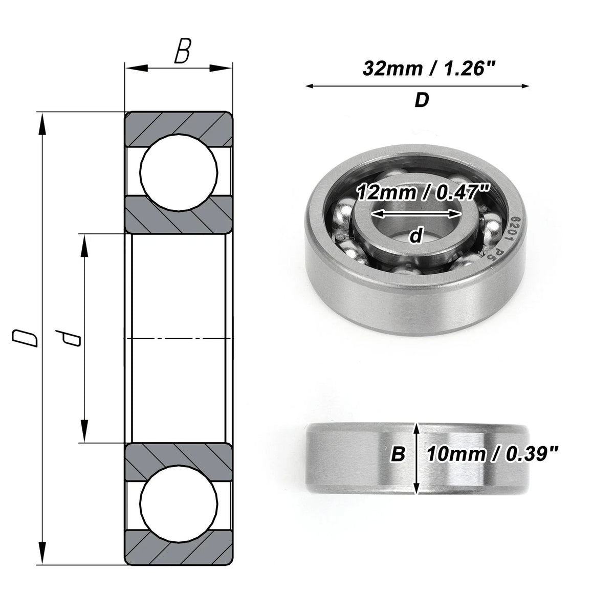 Deep Groove Ball Bearing 6201 for Scooter Skateboard Wheel (12x32x10mm)