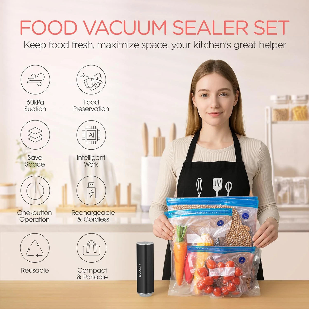 Handheld Vacuum Sealer for Portable Use - 1 Pump + 5 Bags