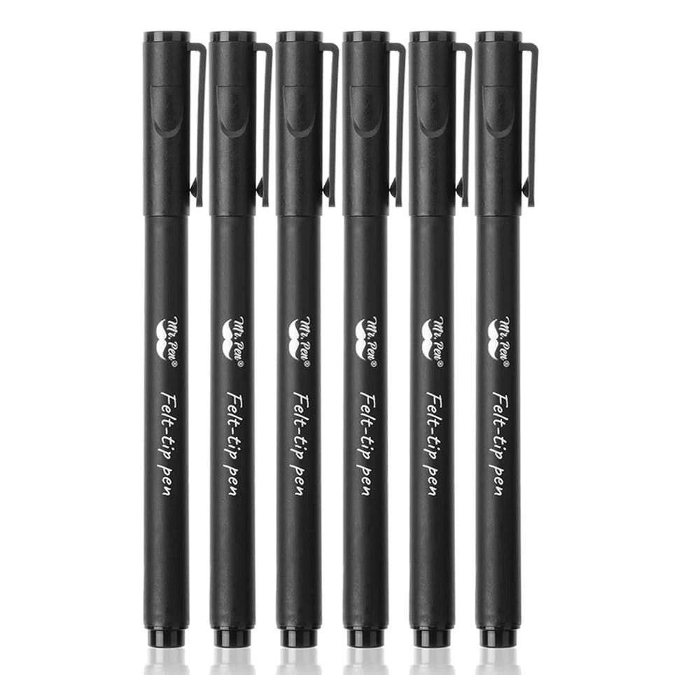 Pack of 6 Black Felt Tip Fine Point Pens for Art and Writing
