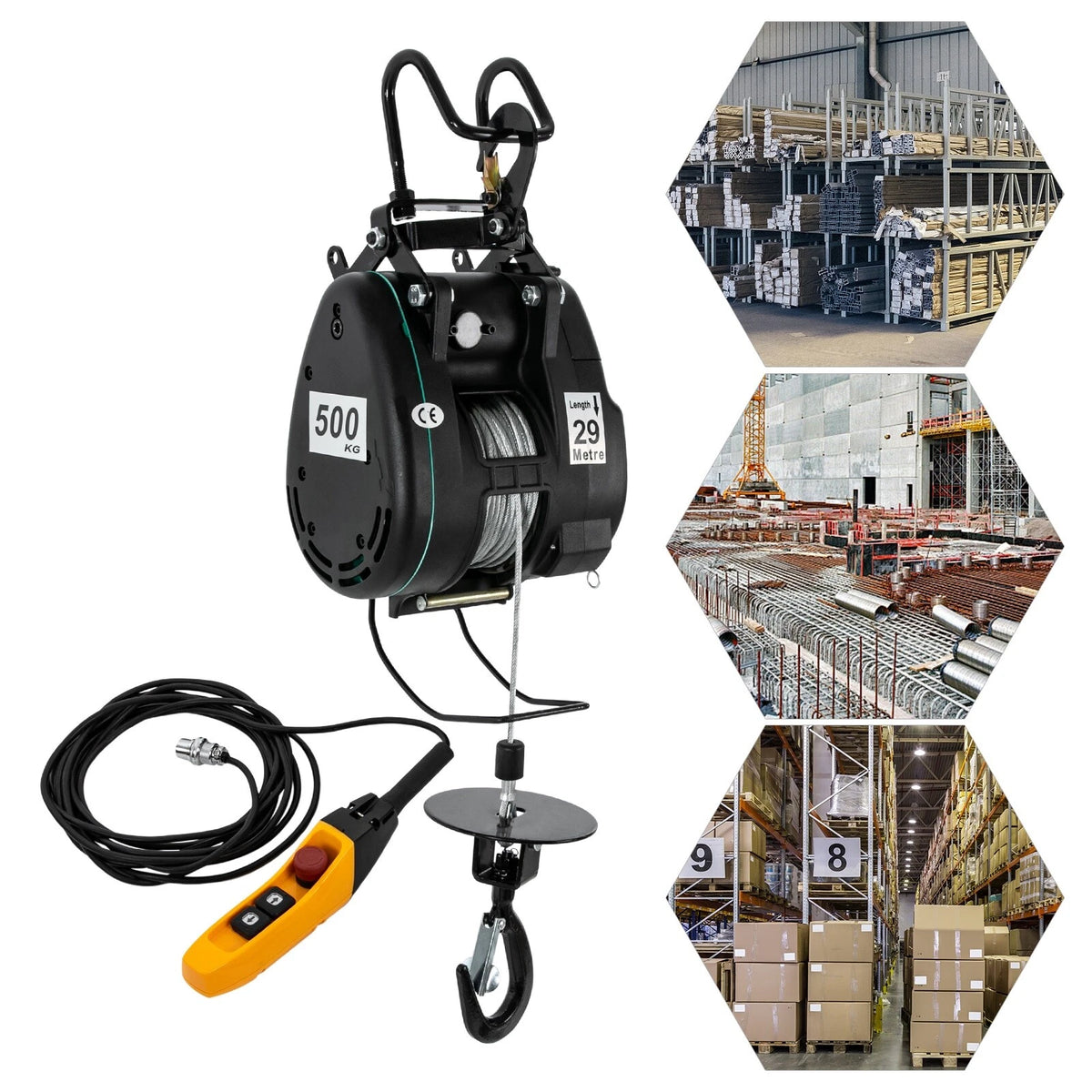 Electric Hoist Crane Winch for Lifting (1100 lbs, 95ft Wired Control)
