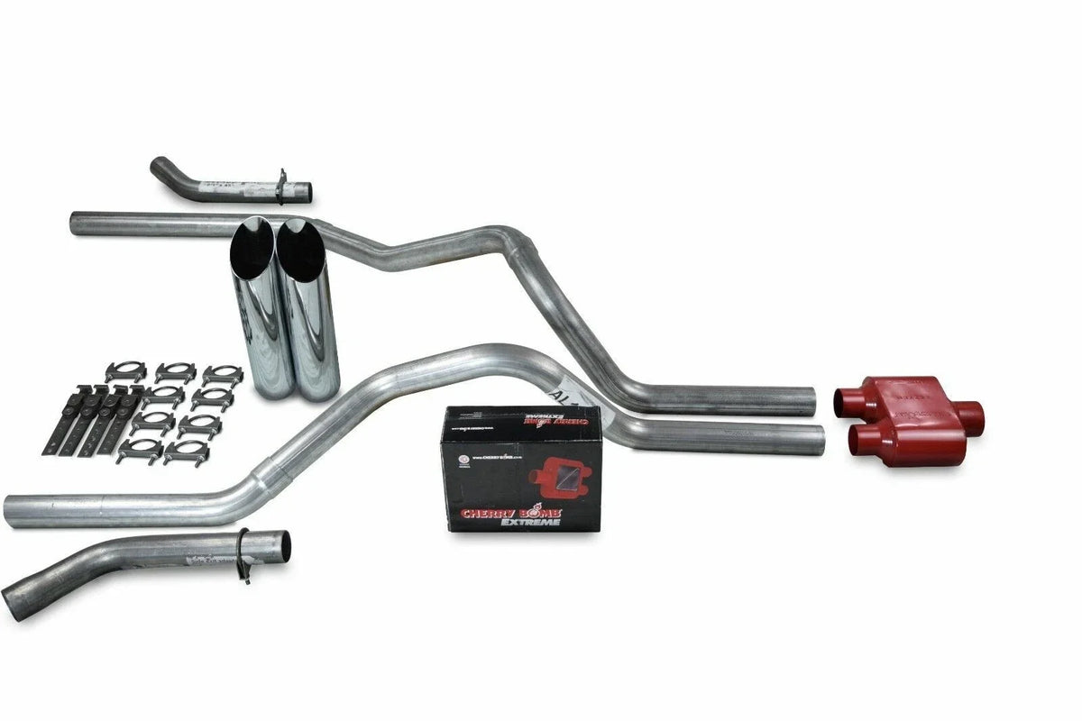 2.5" Dual Exhaust Kit for Chevy GMC 1500 (2015–2018) Cherry Bomb Extreme Slash Tip